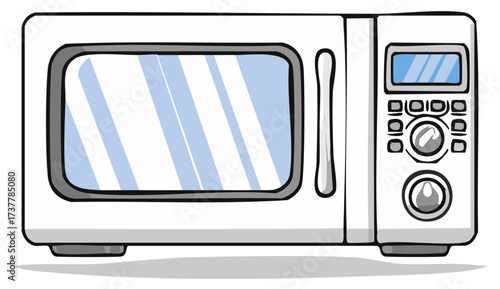 Cartoon style drawing of a white kitchen microwave oven with a glass door and control panel