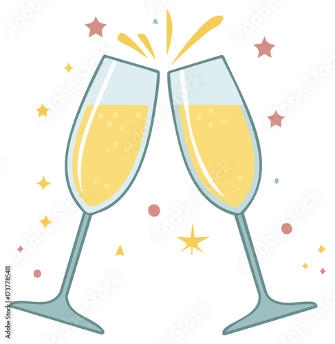 Two champagne flutes clinking in a celebratory toast with sparkling wine, confetti, and stars