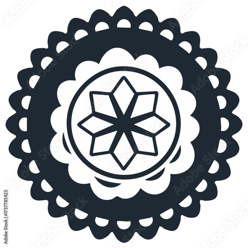 Circular ornamental design element with floral star pattern and scalloped edge