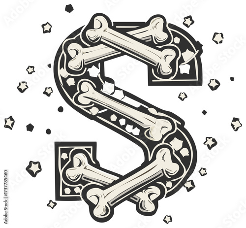 Illustrated Letter S Formed from Bones Surrounded by Stars and Dots Spooky Design