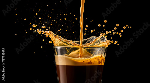 Espresso splash pouring into glass with droplets mid-air.