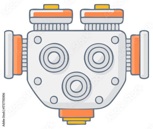 Stylized cartoon engine block with orange and yellow accents, a mechanical component.