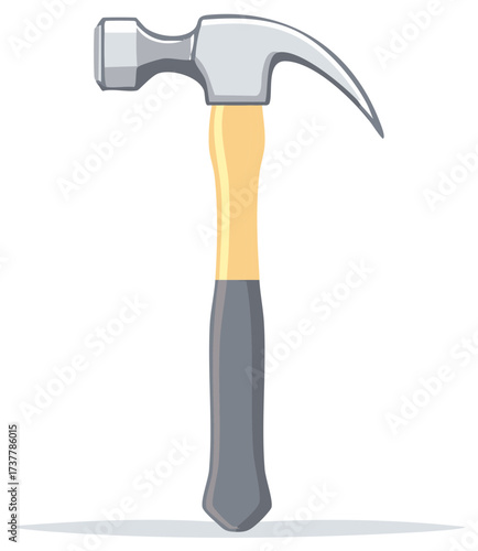 Detailed Illustration of Silver Head Hammer with Wood and Black Handle Standing Tool for Carpentry or DIY Construction Project