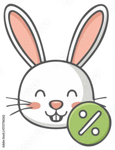 Cute cartoon rabbit face with pink blush cheeks and a green circle with a percentage symbol