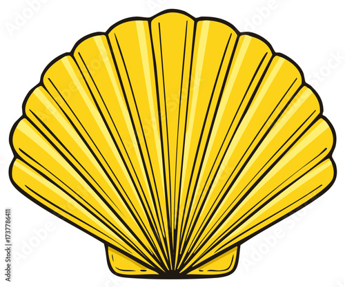 Bright yellow scallop seashell illustration with bold black outlines a cartoon graphic of marine life