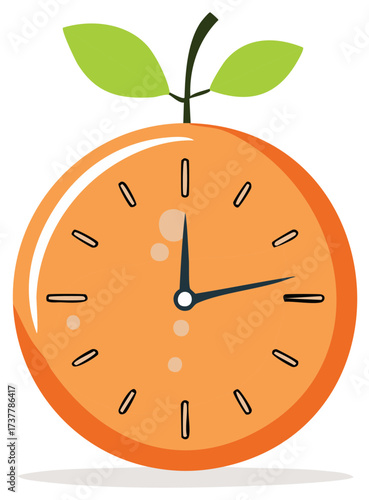 Orange clock icon with leaves. Citrus fruit and time concept with clock face. Healthy lifestyle metaphor and breakfast time idea.