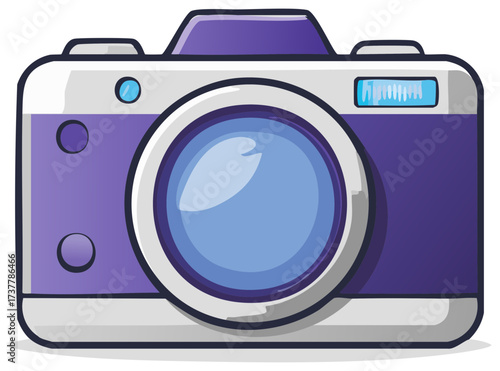 Cartoon illustration of a modern purple digital photo camera with a large lens