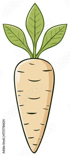 Cute cartoon white turnip vegetable with green leaves graphic illustration