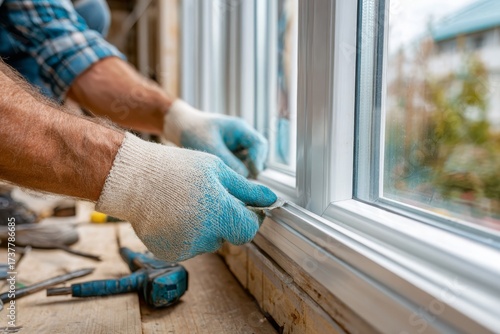 Close up on a worker's gloved hands sealing an energy-efficient window frame, ensuring a weatherproof and airtight installation for home improvement and comfort.