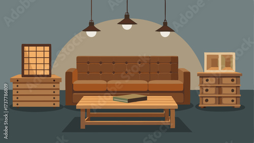 A lounge area with an old leather sofa and a coffee table made from stacked wooden crates under a of metal pendant lights.