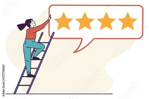 Woman climbing ladder to add a star to a rating of four stars in a speech bubble