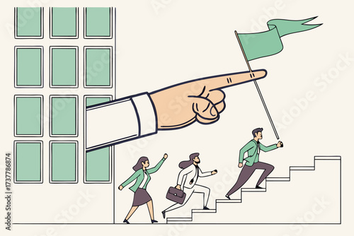 Giant hand pointing upwards, leading business people up stairs towards flag, teamwork concept