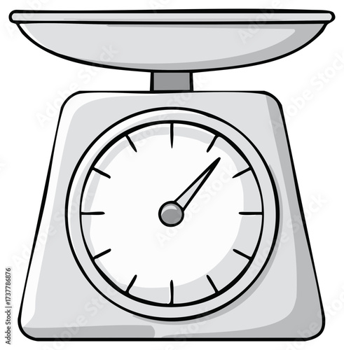 Isolated gray kitchen scale illustration measuring weight, dial indicating number on retro style object