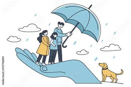 Giant hand sheltering family under umbrella from rain, dog nearby, protection concept