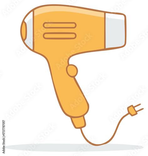 Cartoon illustration of an orange and white hair dryer with an electrical cord