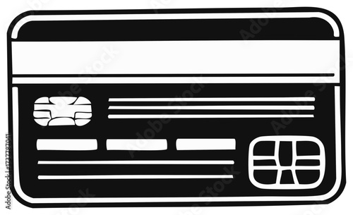 Black and White Credit Card Illustration with Chip and Magnetic Stripe for Payment