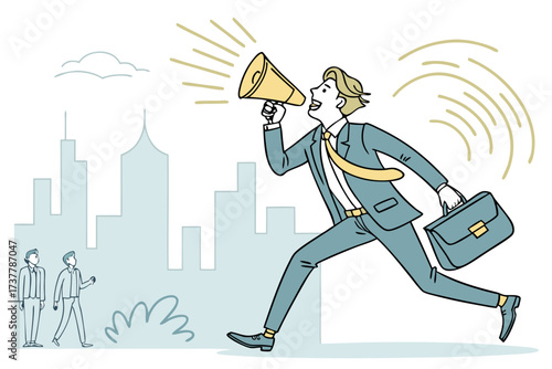 Businessman with megaphone announcing in city, illustration