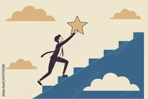 Businessman climbing stairs to reach a star in the sky, symbolizing success and ambition