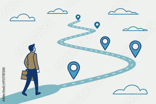 Man with a briefcase walking on a winding road with location pins, symbolizing journey, direction, and destination