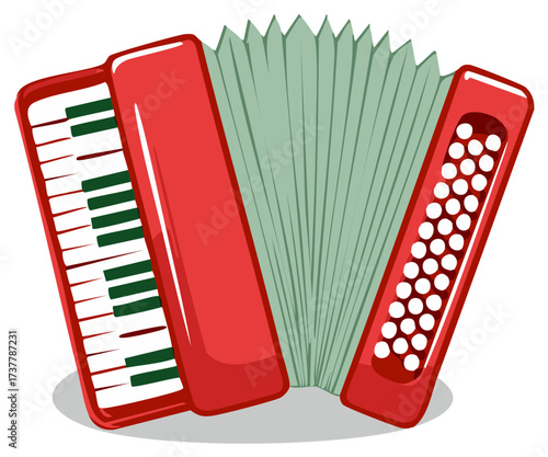 Red and white accordion illustration, musical instrument, isolated