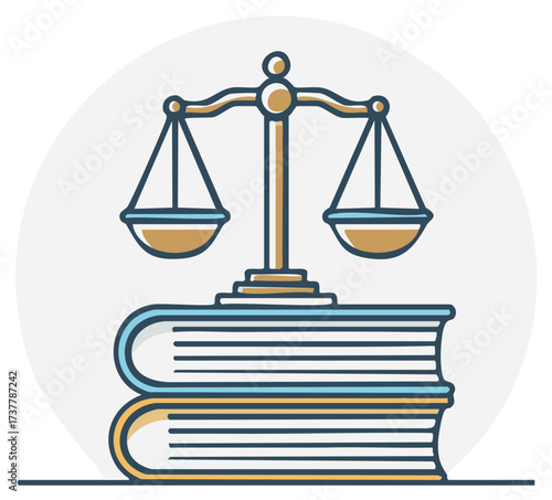 Justice scales on stacked books, law and order concept illustration