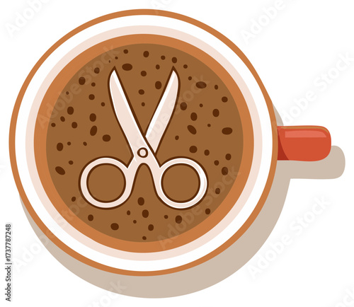Coffee cup with scissors inside, top view, illustration. Creative concept, break, barbershop