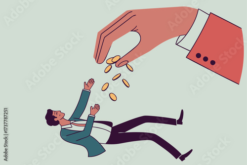 A hand in a suit dropping coins onto a man lying on his back with his arms outstretched