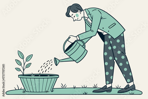 Man in a suit watering a small plant in a pot with a watering can