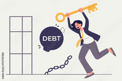 Woman breaking free from debt with a key, symbolizing financial freedom and overcoming burdens