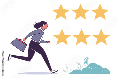 Woman running towards five golden stars, representing customer satisfaction and excellent service