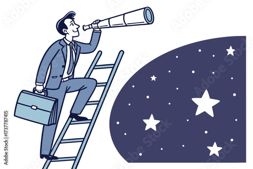 Businessman with spyglass on ladder looking at stars, representing ambition and future goals