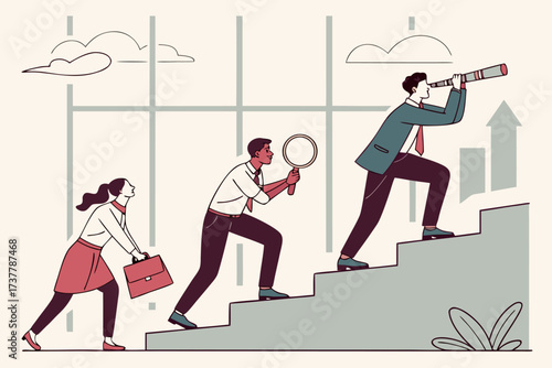 Business people climbing stairs with spyglass and magnifying glass, symbolizing growth and vision