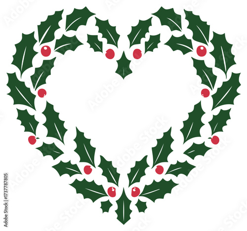 Christmas holly wreath in the shape of a heart with red berries for festive holiday decoration