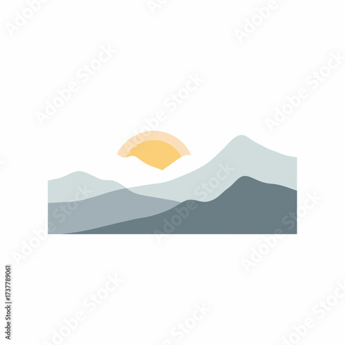 Minimalist Mountain Landscape with Rising Sun in Muted Colors.