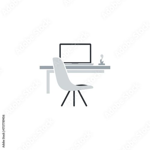Minimalist Workspace Illustration with Laptop and Chair, Ideal for Remote Work Concepts.