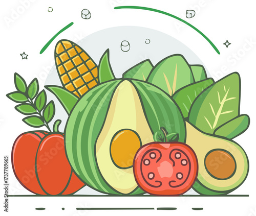 Colorful flat design illustration of fresh organic fruits and vegetables including avocado, corn, and greens