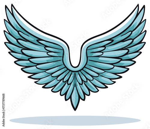 Abstract symmetrical blue angel wings spread elegantly with a subtle shadow below