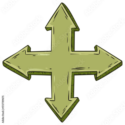 Green cartoon directional crossroads arrows pointing in four directions with hand drawn outline