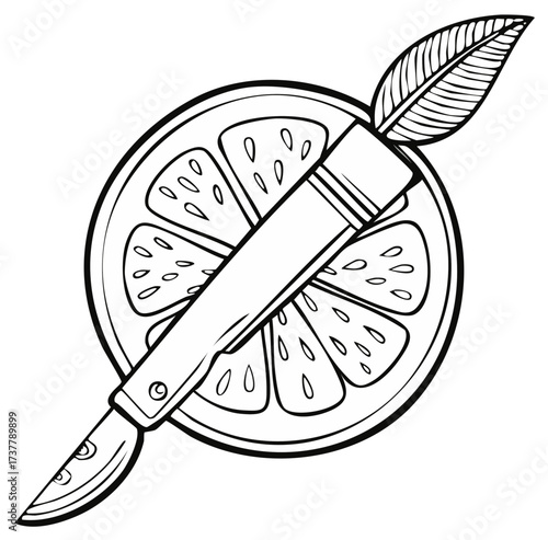 Juicy Citrus Slice with Stylized Knife and Leaf for Black and White Coloring Book Art