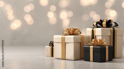 Elegant gift boxes with gold and black ribbons in soft focus holiday setting