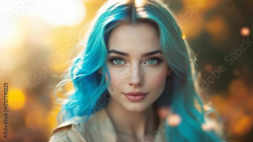 Enchanting Portrait - A Woman with Blue Hair in Golden Light.