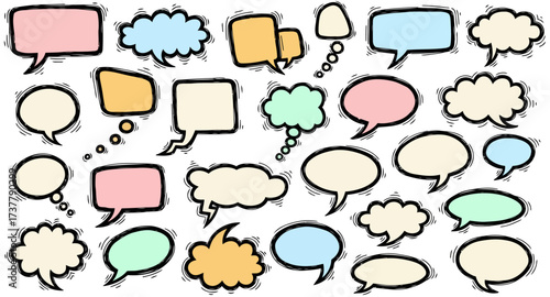 Set of Hand Drawn Speech Bubbles in Different Shapes and Colors for Communication and Ideas