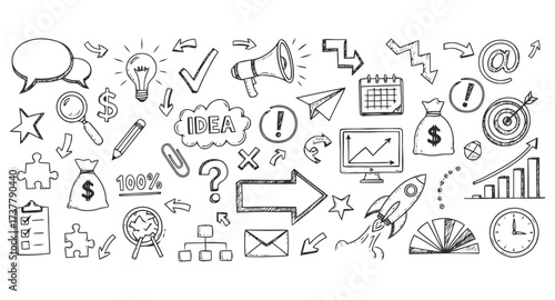 Sketchy Business Ideas and Startup Concepts with Icons and Symbols for Innovation and Growth