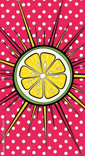 Pop Art Lemon Slice on Polka Dot Background - A Vibrant Burst of Citrus.