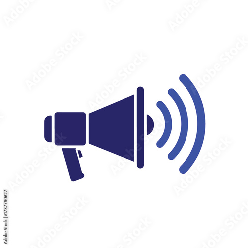 Bold blue megaphone icon emitting sound waves for announcement and communication - Vector illustration logo template