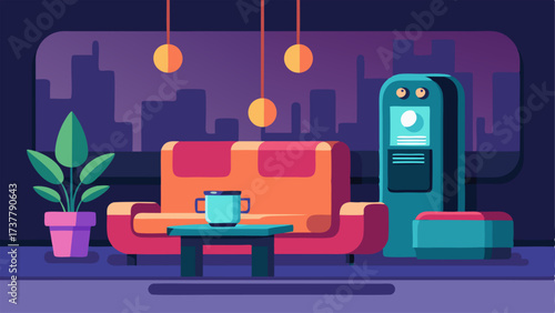 A lounge area with comfortable seating and a futuristiclooking coffee machine.