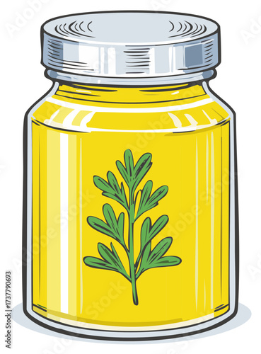 Jar of yellow liquid, with a green plant displayed on the front, representing natural ingredients and healthy nutrition