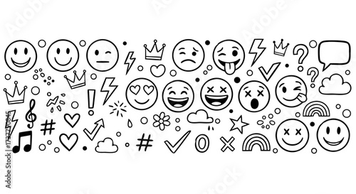 Set of hand-drawn emoticons, symbols, and doodles for creative design and expressive communication