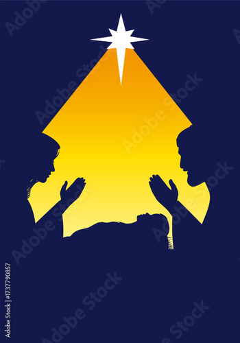 Christmas Nativity scene with silhouette Holy family, Jesus in manger and Bethlehem star. Art design for Merry Christmas greeting card or banner. Vector illustration
