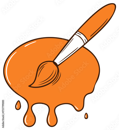 A cartoon paintbrush resting in a puddle of dripping orange paint vector illustration